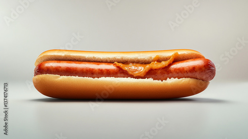 Juicy frankfurter with a small bite taken out on light