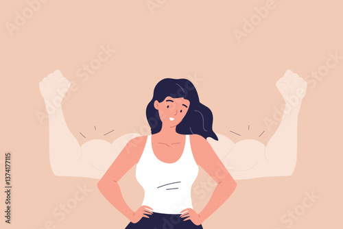 Women strength concept. Woman powerful gesture, female power inner spirit strong body positive girl success boss professional mother business confident leader vector illustration