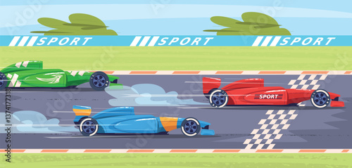 F1 race track. Racetrack finish line or start, formula one racing cars cartoon background rally motor sport speed racing auto driver racers on road, classy vector illustration