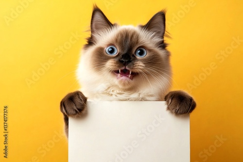 Cat in display ad. Studio cat banner. Isolated cat on a solid attire yellow background. Fluffy pet sign holder. Ð¡ute adult cat himalayan hold in front paws a layout - large white lane sign. photo