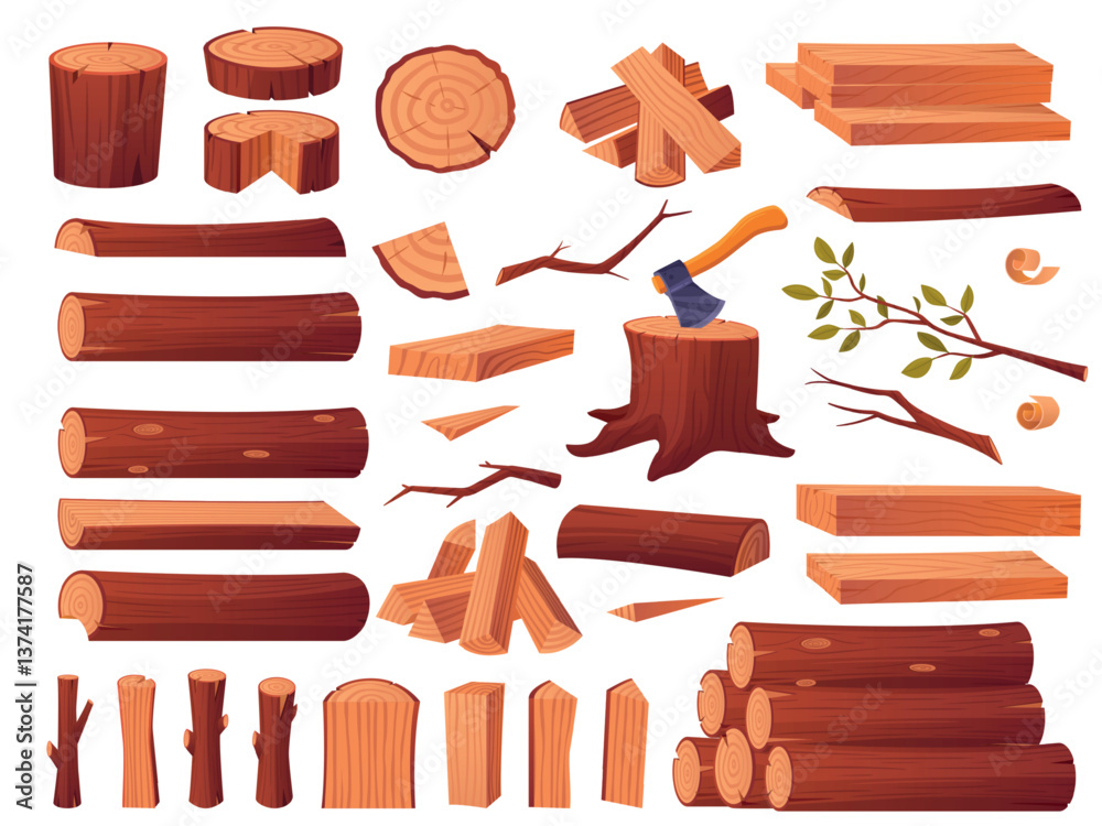 Cartoon wooden logs. Stacked tree trunks, cracked wooden log lumber pile timber piece firewood stump nature hardwood plank bark construction material, set tidy vector illustration