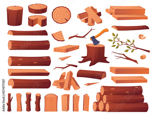 Cartoon wooden logs. Stacked tree trunks, cracked wooden log lumber pile timber piece firewood stump nature hardwood plank bark construction material, set tidy vector illustration