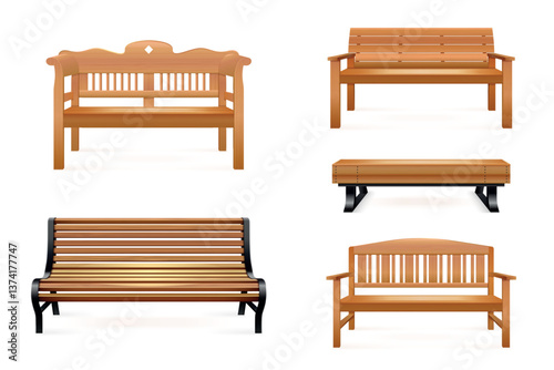 Realistic benches. Wooden bench for relaxation in street park or garden, hardwood seat wood chair metal legs empty outdoor furniture sit place 3d isolated exact vector illustration