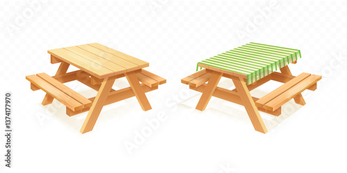 Realistic picnic table. 3d wooden table with tablecloth and wood bench summer camping bbq grill spring dinner on nature backyard garden outdoor furniture exact vector illustration