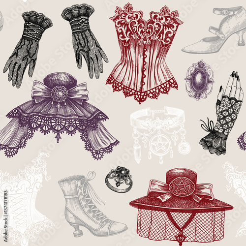 Gothic background. Hand drawn fashion illustration. Victorian clothes and accessories. Halloween seamless pattern. NOT AI generated