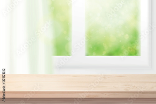 Wooden table blur. Realistic wood surface with window bokeh blurred background room spring nature, kitchen desk table top counter floor perspective view exact vector illustration