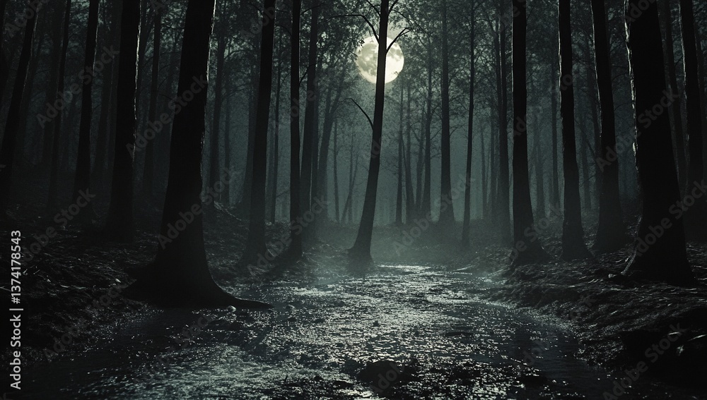Naklejka premium Mysterious moonlit forest path. Dark trees and a tranquil stream create an eerie yet captivating scene.