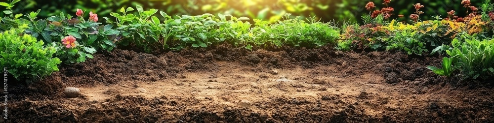 Cross section view showcases various plants growing in dark soil
