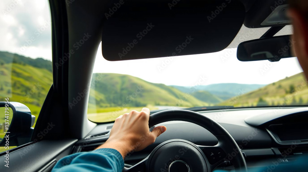 A man driving a car. View from the driver's seat. Close-up. A man driving a car. View from the driver's seat. Close-up.
