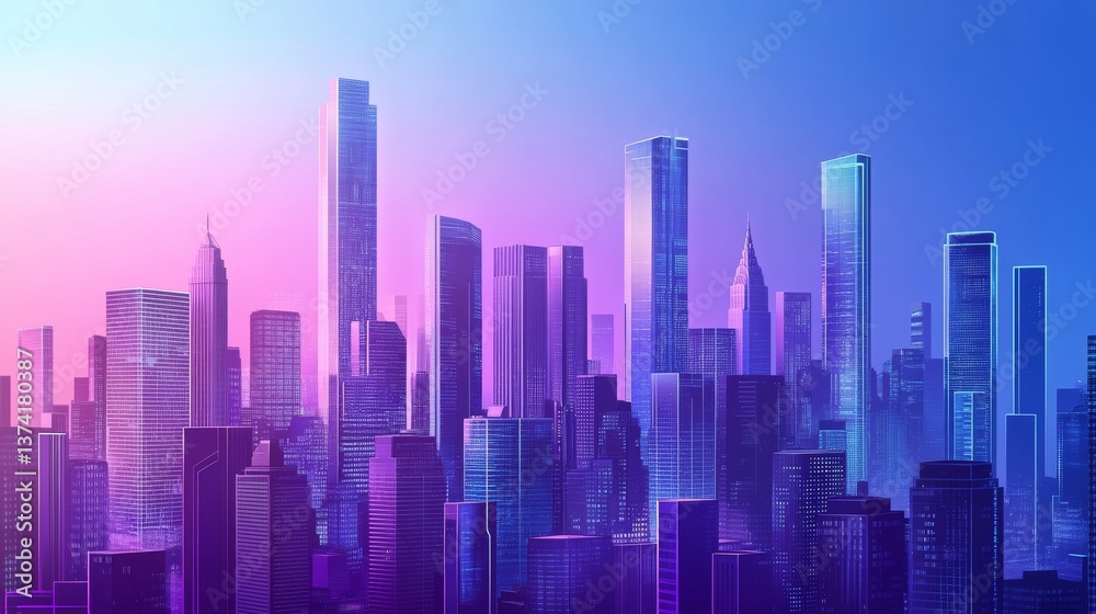 A photorealistic rendering of a futuristic cityscape, featuring towering skyscrapers, advanced technology, and sleek transportation systems, set against a gradient background transitioning from deep r