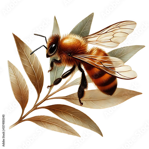 a bee perched gracefully on a branch, with detailed wings and a focus on nature's beauty. This artwork showcases the intricate design of a bee and branch
