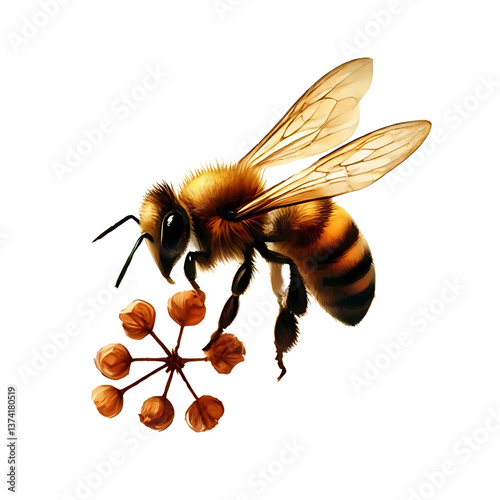 a detailed illustration of a bee pollinating a flower