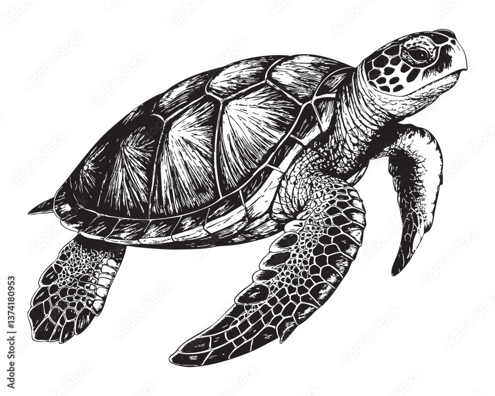 Fototapeta premium sea turtle woodcut engraving vector illustration