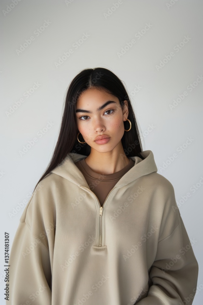 30 year old woman looking at camera with plain expression hoodie portrait sweater.