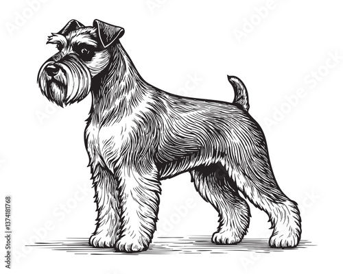 schnauzer dog woodcut engraving vector illustration