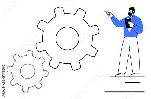 Manager gestures toward two oversized interlocking gears, symbolizing teamwork and process optimization. Ideal for leadership, planning, strategy, collaboration, engineering, workflow