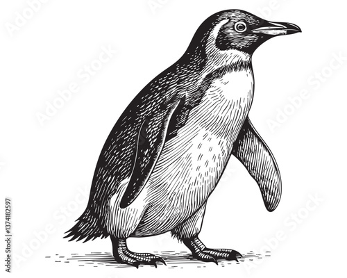 penguin woodcut engraving vector illustration