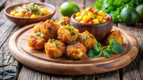 Crispy golden conch fritters on a wooden plate with a side of tangy mango salsa and fresh cilantro leaves , food, tropical