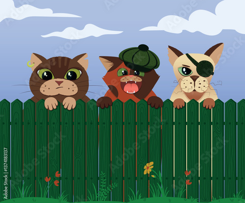 Children's illustration - cats peeking out from behind a fence. Three cheerful inseparable friends
