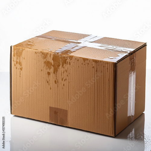 una caja de carton corrugada mojada, humedecida, aislada sobre fondo blanco 