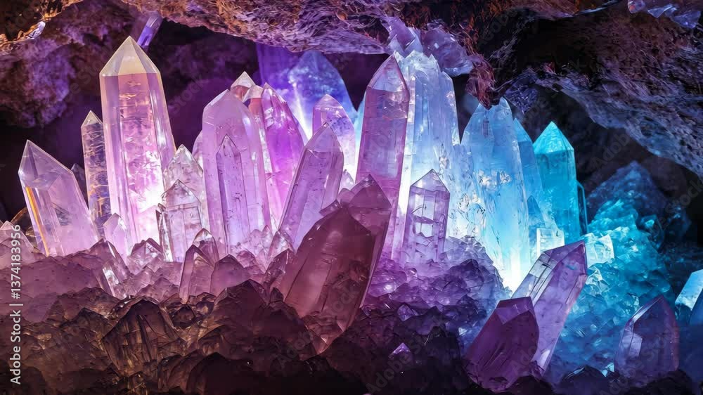 A crystal cave with jagged formations glowing in various colors under soft light digital