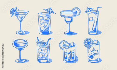 A stylish vector illustration of various cocktails in a minimalistic blue line-art style, easily editable.