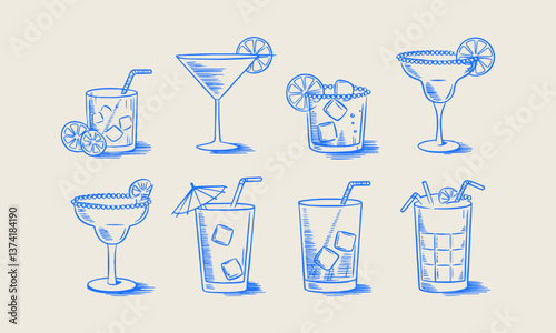 A stylish vector illustration of various cocktails in a minimalistic blue line-art style, easily editable.