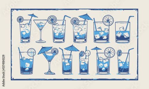 A stylish vector illustration of various cocktails in a minimalistic blue line-art style, easily editable.