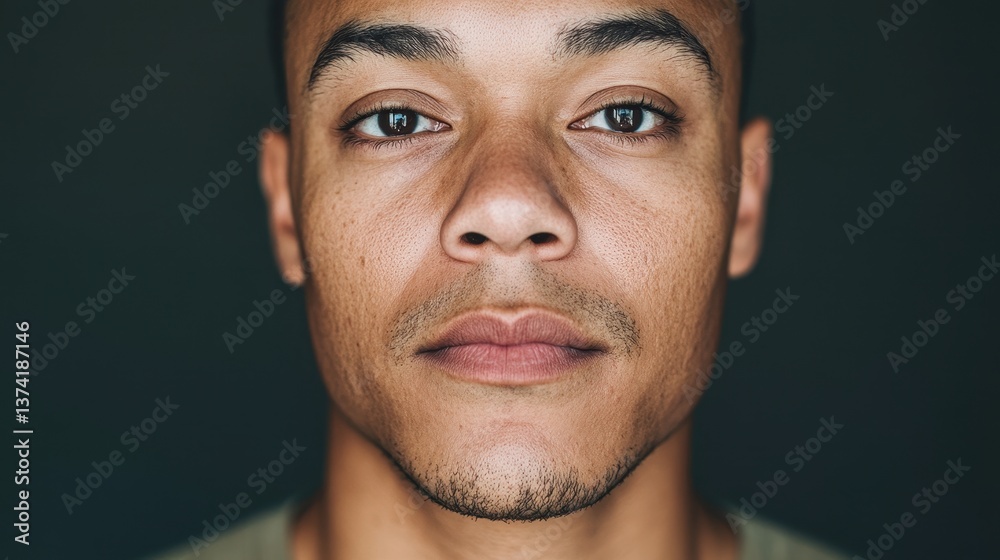 Obraz premium A hyperrealistic, passport-style portrait of a man, with blended faces of different ethnicities, including Black, White, and more, perfectly aligned facial features