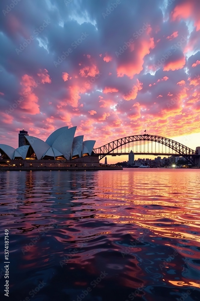 Naklejka premium Vibrant image of Sydney skyline at sunset with iconic opera house and harbor bridge, architecture, harbor