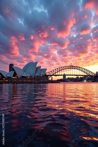 Vibrant image of Sydney skyline at sunset with iconic opera house and harbor bridge,  architecture,  harbor