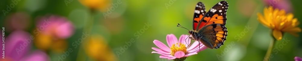 Fototapeta premium Vibrant close-up shot of a colorful butterfly resting on a blooming daisy in a lush garden, blooming, vibrant