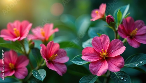 Vibrant flowers and plants glistening with waterdrops,  botanical,  colorful