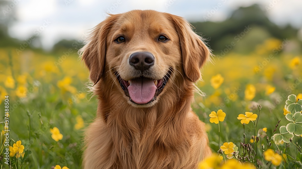 Golden Retriever in a Yellow Flower Field Golden Retriever in a Yellow Flower Field