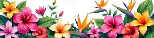 Vibrant collection of tropical exotic flowers including orchids, hibiscus, and bird of paradise isolated on a white background, tropical,  exotic