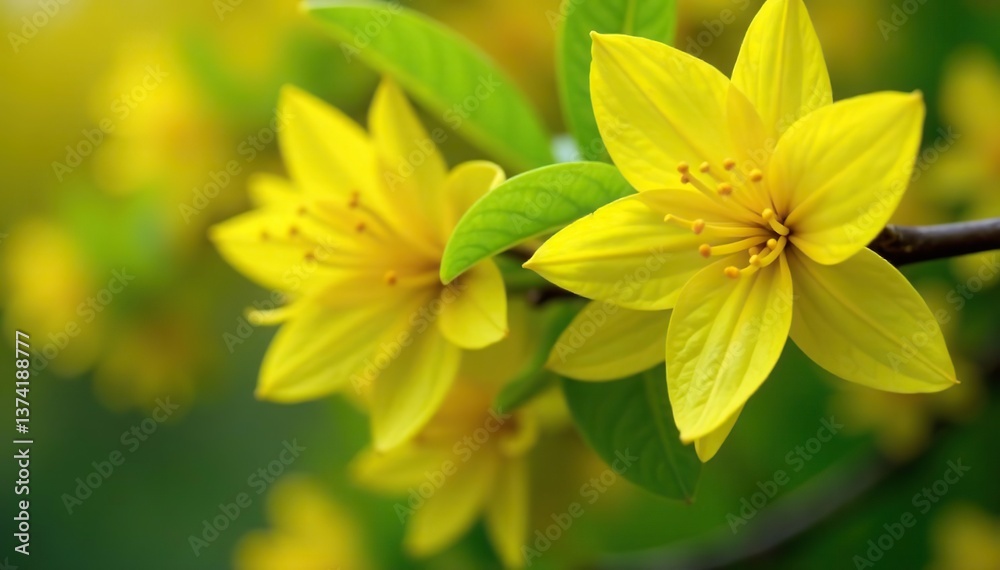Fototapeta premium Vibrant yellow forsythia flowers in full bloom surrounded by bright green leaves, floral, beauty