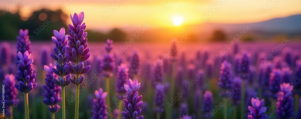 Fototapeta premium vibrant purple lavender flowers in a field with a golden sunset in the background, farm, environment