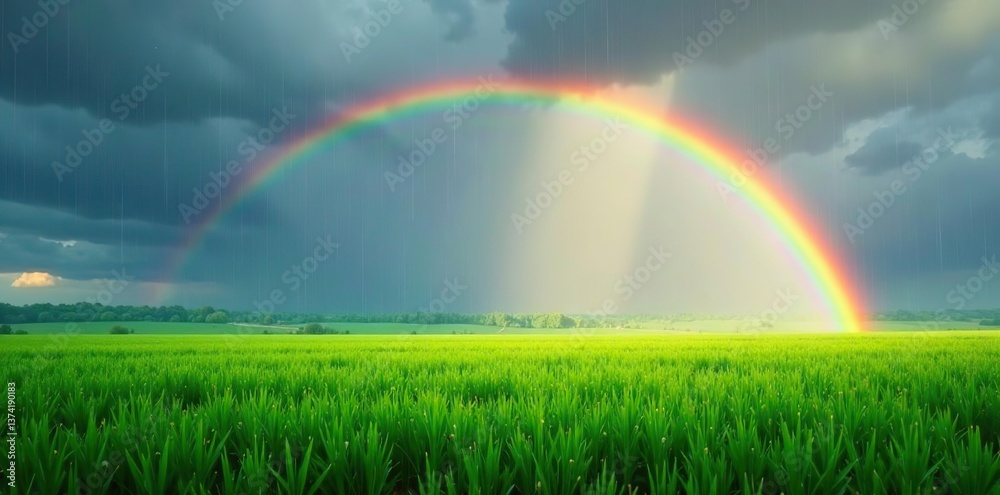 Naklejka premium Vibrant rainbow over lush green field after rain shower, serene, nature