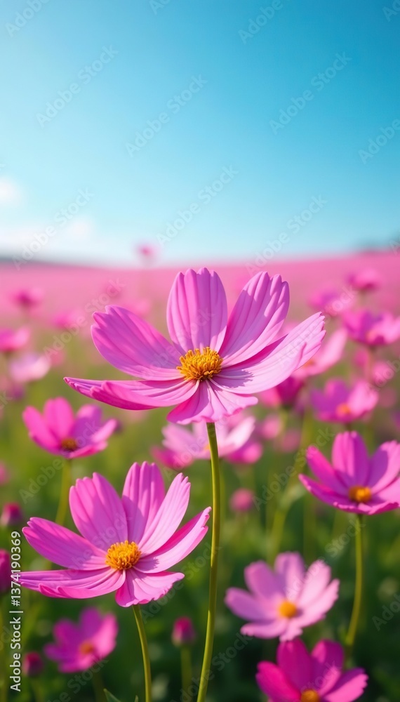 Fototapeta premium Vibrant pink cosmos flower fields in full bloom under clear blue sky, countryside, peaceful