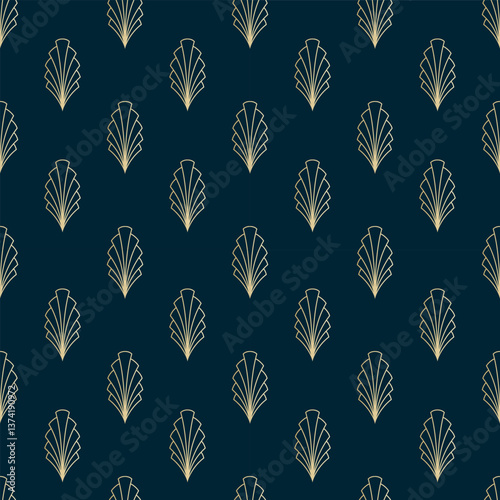 Linear elegant vintage sign seamless pattern. Dark blue backgrop of Art deco symbols. Golden decoration background. Retro geometry vector wallpaper. Use for textile design, pillow, bed linen print.