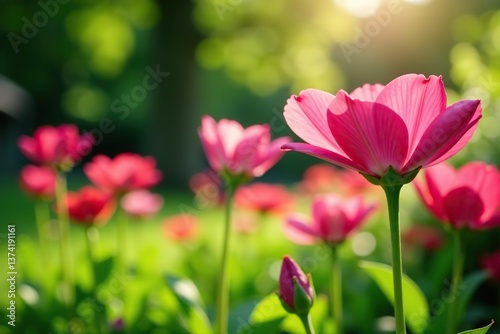 Vibrant pink flowers in full bloom in a serene garden setting, surrounded by lush greenery, under the bright summer sunlight,  garden,  glare