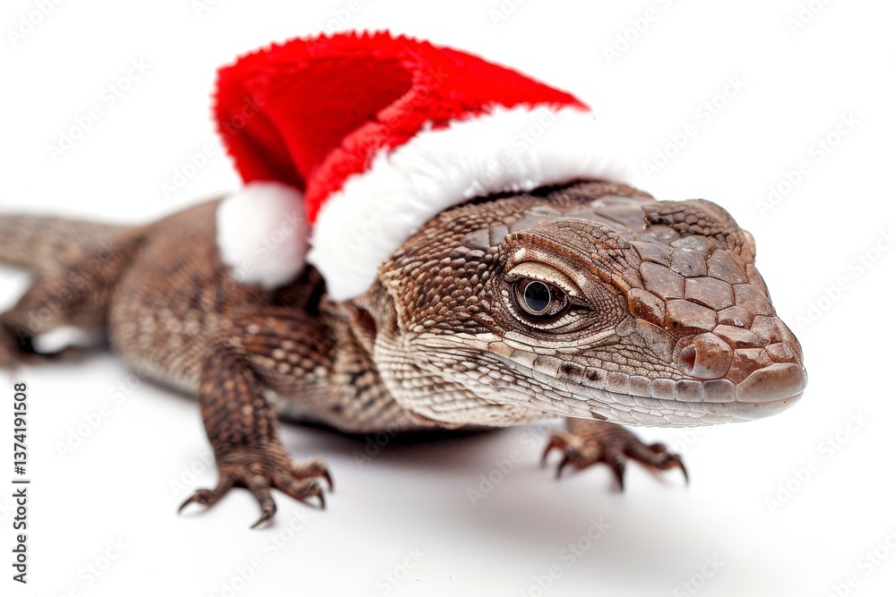 Obraz premium Lizard Wearing a Santa Hat on a White Background