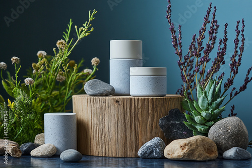 product photography mockups of various skincare essences white shampoo, cream, serum, oil,  containers set on a wooden podium in the gradient herbal background. mockup 