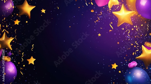 Celebratory Background with Golden Stars, Colorful Balloons, and Festive Confetti on a Dark Purple Canvas
