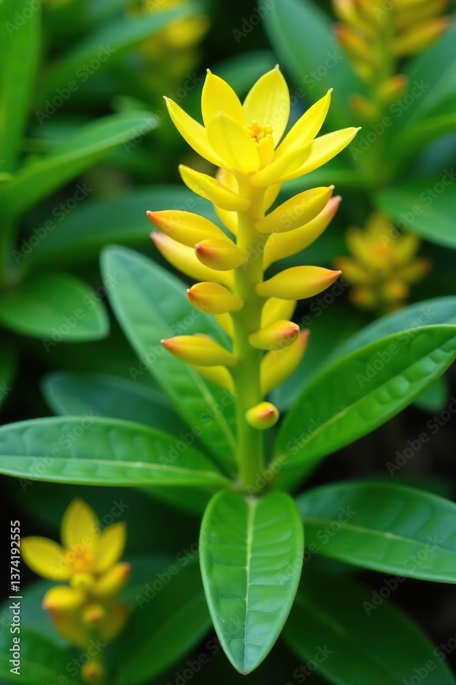 Fototapeta premium Vibrant Euphorbia polychroma plant with yellow flowers and green leaves in a lush garden setting, yellow flowers, colorful