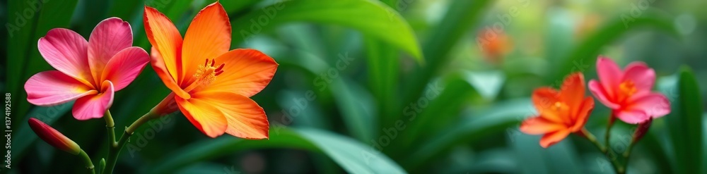 Naklejka premium Vibrant exotic flowers in full bloom against lush greenery, leaves, colorful