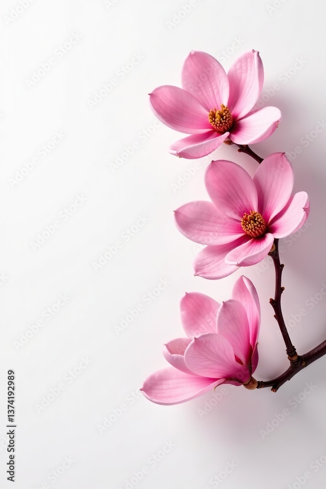 Obraz premium Vibrant pink magnolia blossoms contrast against a clean white background, flowers, beautiful