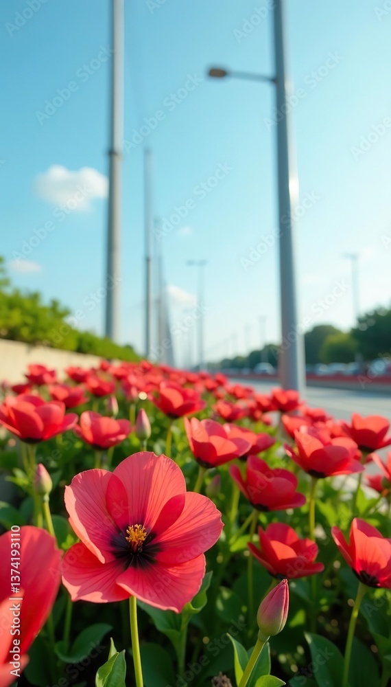 Obraz premium Vibrant red flowers blooming next to tall poles against a clear sky, outdoors, nature
