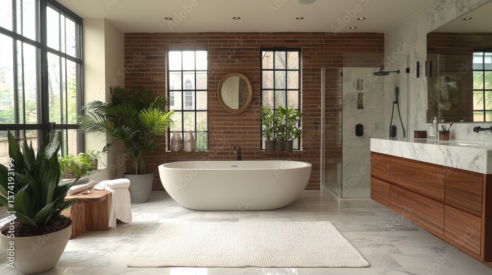 Fototapeta premium Modern bathroom with a freestanding tub, plants, and large windows creating a serene ambiance.