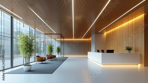 A modern office lobby features wood and glass elements